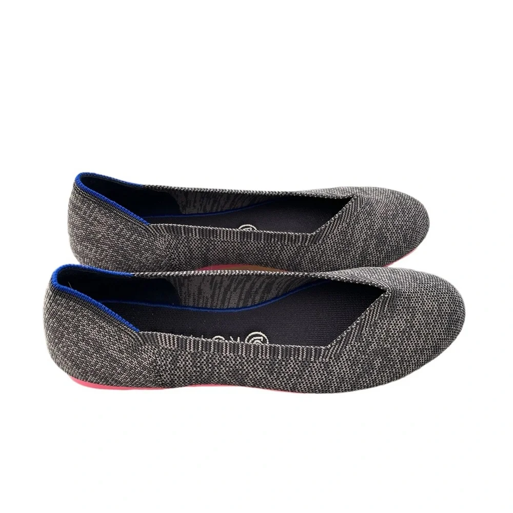 NEW Rothys Birdseye Charcoal Gray Round Toe Flats Blue Halo Pink Sole, Size 9.5